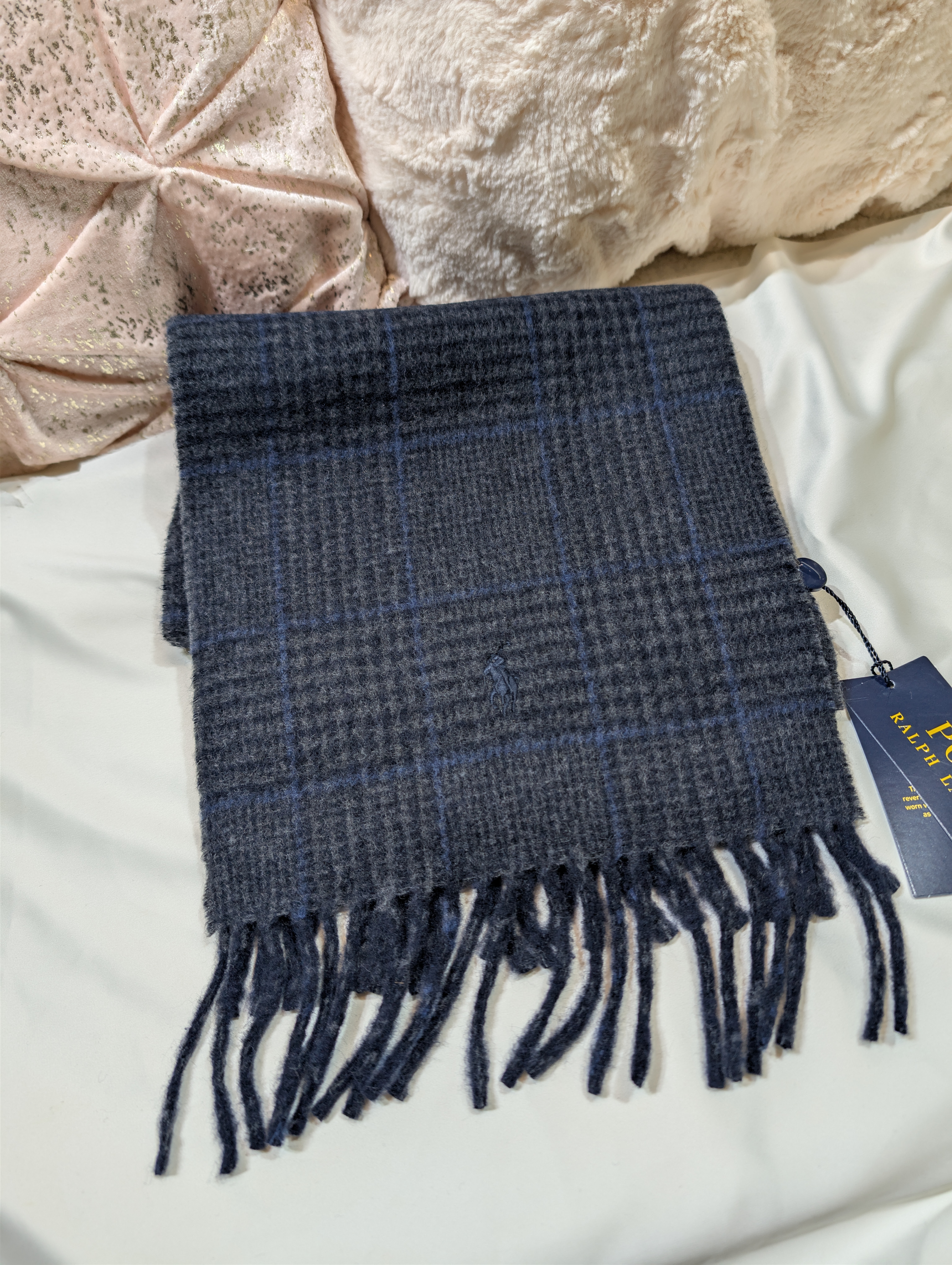 Polo Ralph Lauren Light Blue Black Gray Plaid Reversible Scarf Embroidered Logo