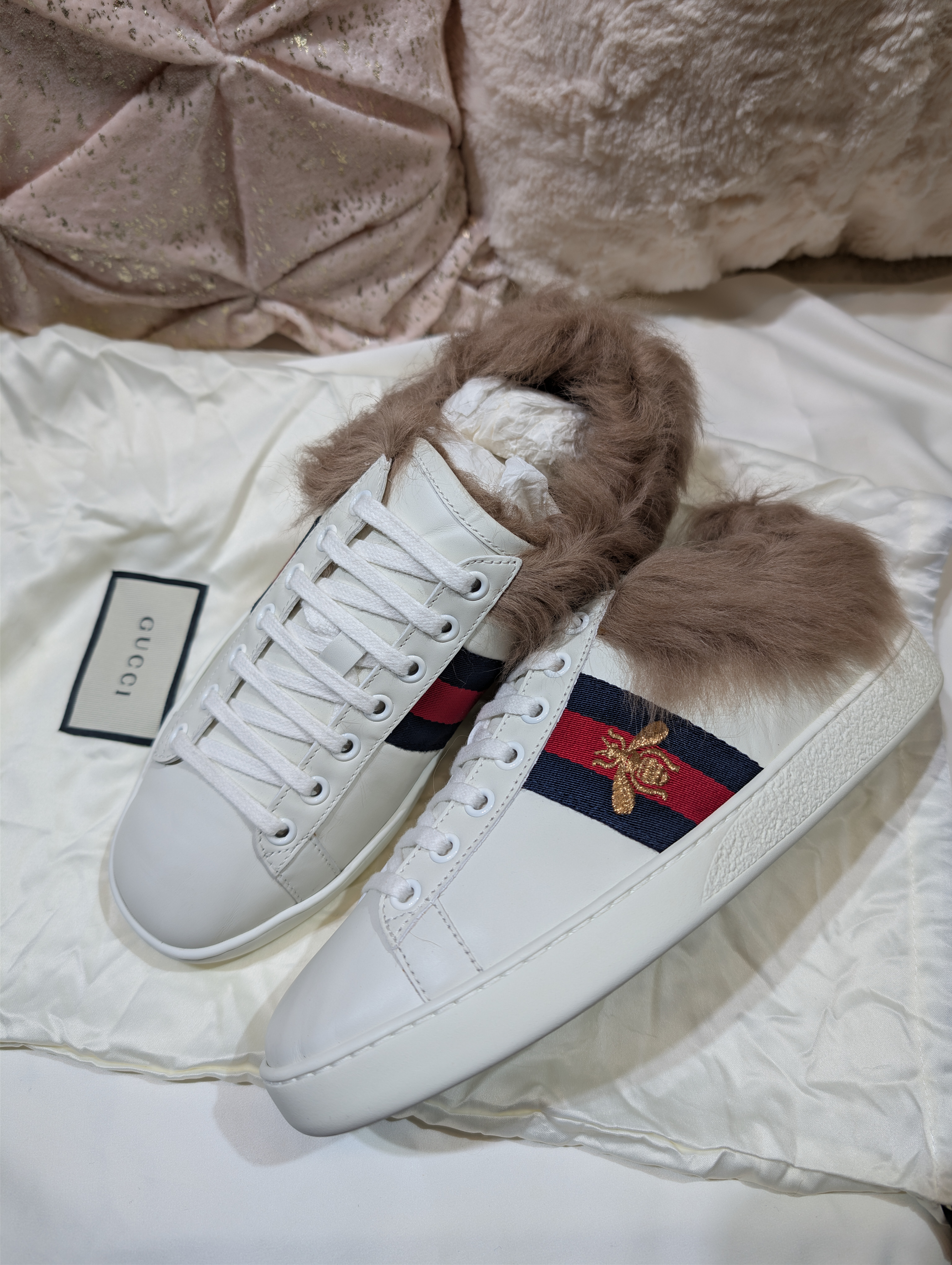 Gucci Ace Sneakers with Fur White Size 36.5